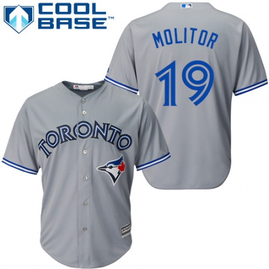 Men's Majestic Toronto Blue Jays 19 Paul Molitor Replica Grey Road MLB Jersey