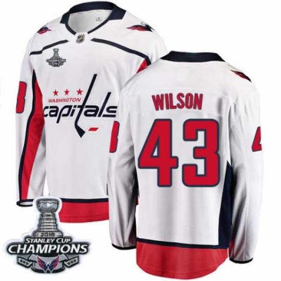 Youth Washington Capitals 43 Tom Wilson Fanatics Branded White Away Breakaway 2018 Stanley Cup Final Champions NHL Jersey