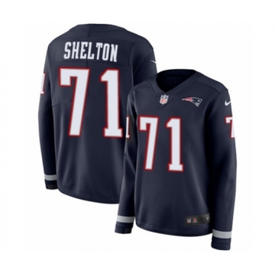 Women's Nike New England Patriots 71 Danny Shelton Limited Navy Blue Therma Long Sleeve NFL Jersey