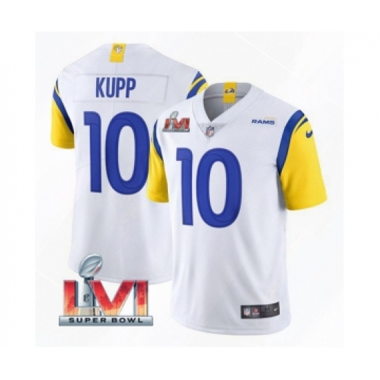 Men's Los Angeles Rams 10 Cooper Kupp 2022 White Super Bowl LVI Vapor Limited Stitched Jersey