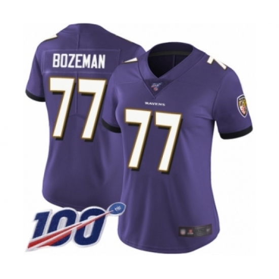 Women's Baltimore Ravens 77 Bradley Bozeman Purple Team Color Vapor Untouchable Limited Player 100th Season Football Jersey