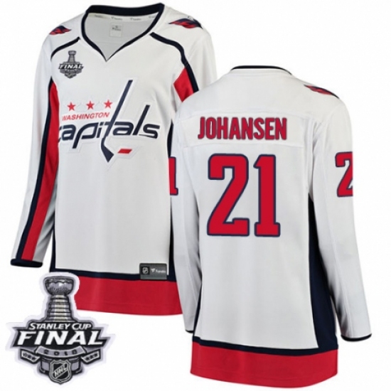Women's Washington Capitals 21 Lucas Johansen Fanatics Branded White Away Breakaway 2018 Stanley Cup Final NHL Jersey