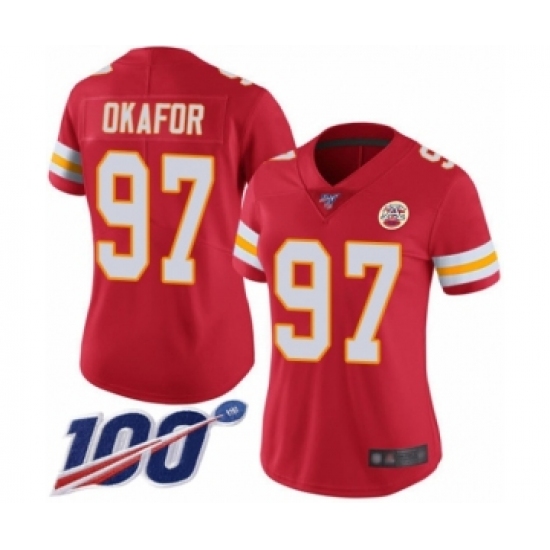 Women's Kansas City Chiefs 97 Alex Okafor Red Team Color Vapor Untouchable Limited Player 100th Season Football Jersey