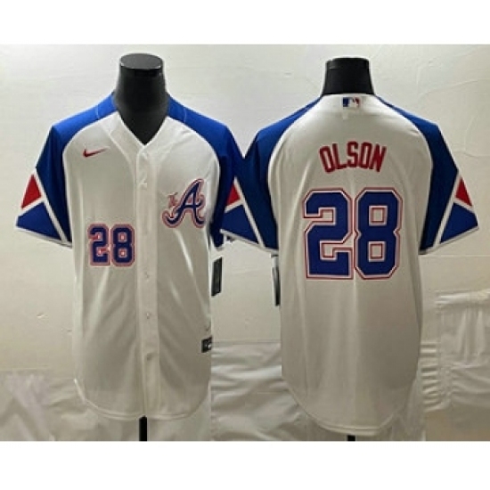 Men's Atlanta Braves 28 Matt Olson Number White 2023 City Connect Cool Base Stitched Jersey