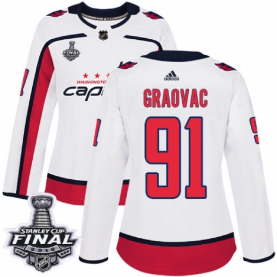 Women's Adidas Washington Capitals 91 Tyler Graovac Authentic White Away 2018 Stanley Cup Final NHL Jersey