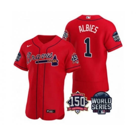 Men's Atlanta Braves 1 Ozzie Albies 2021 Red World Series Flex Base With 150th Anniversary Patch Baseball Jersey