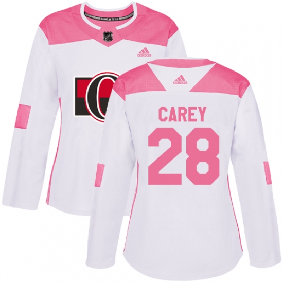 Women's Adidas Ottawa Senators 28 Paul Carey Authentic White Pink Fashion NHL Jersey