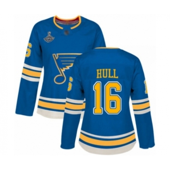 Women's St. Louis Blues 16 Brett Hull Authentic Navy Blue Alternate 2019 Stanley Cup Champions Hockey Jersey