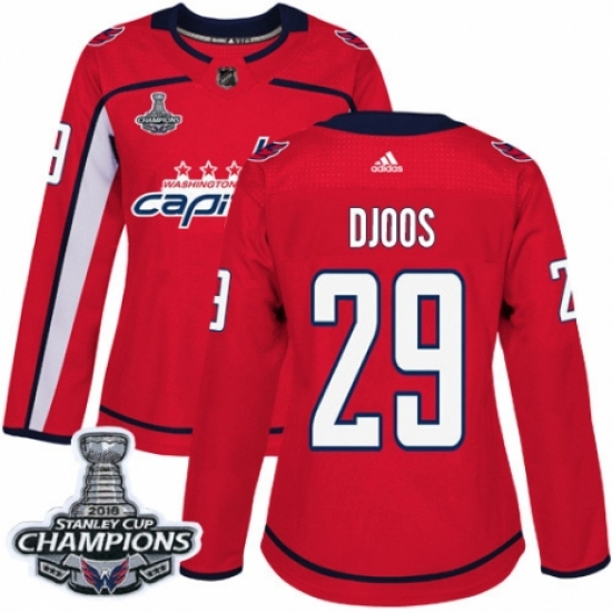 Women's Adidas Washington Capitals 29 Christian Djoos Authentic Red Home 2018 Stanley Cup Final Champions NHL Jersey