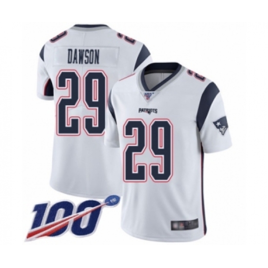 Men's New England Patriots 29 Duke Dawson White Vapor Untouchable Limited Player 100th Season Football Jersey