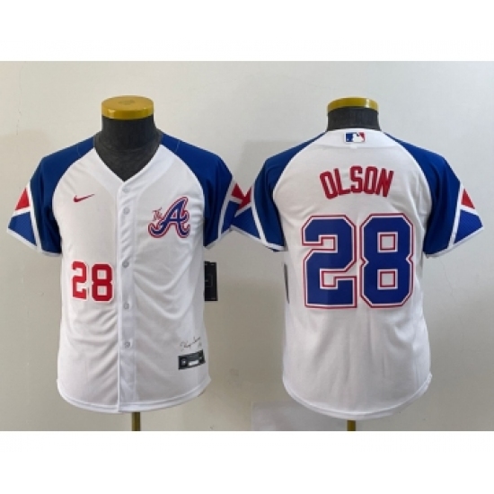 Youth Atlanta Braves 28 Matt Olson Number White 2023 City Connect Cool Base Stitched Jersey2