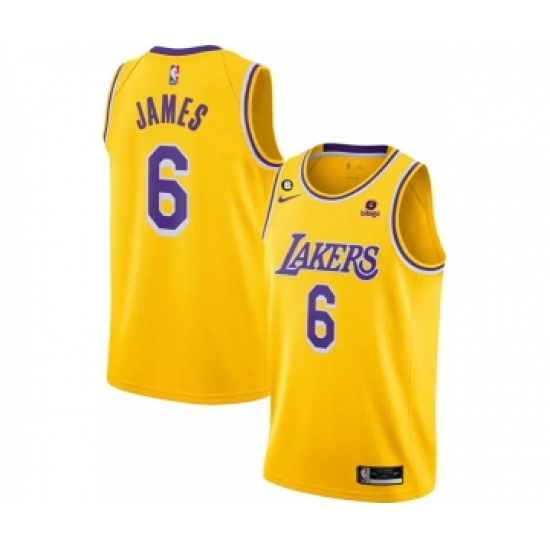 Men's Los Angeles Lakers 6 LeBron James Yellow No.6 Patch Stitched Basketball Jersey