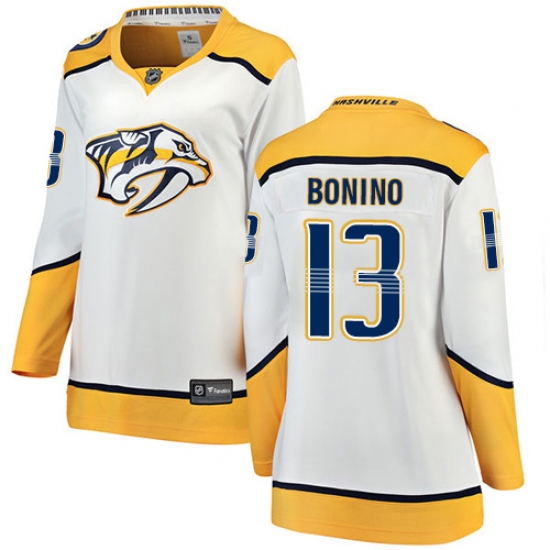 Women's Nashville Predators 13 Nick Bonino Fanatics Branded White Away Breakaway NHL Jersey