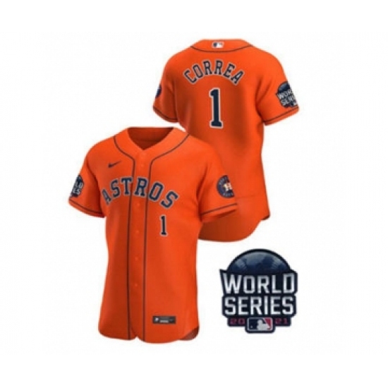 Men's Houston Astros 1 Carlos Correa 2021 Orange World Series Flex Base Stitched Baseball Jersey