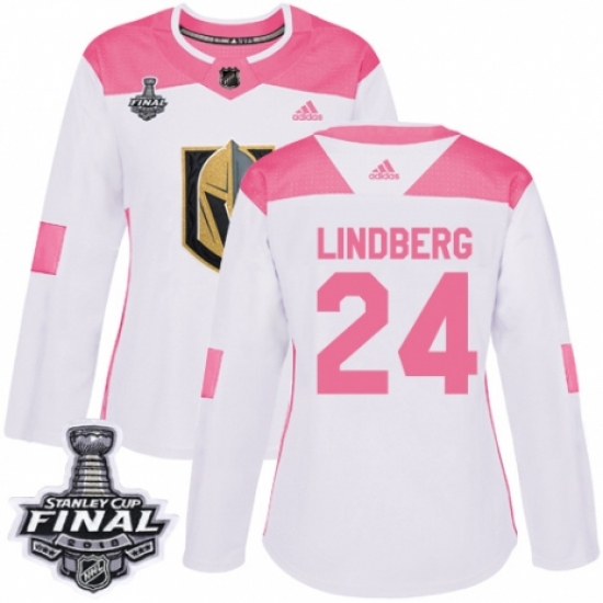 Women's Adidas Vegas Golden Knights 24 Oscar Lindberg Authentic White/Pink Fashion 2018 Stanley Cup Final NHL Jersey