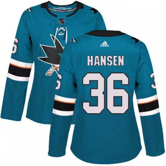 Women's Adidas San Jose Sharks 36 Jannik Hansen Authentic Teal Green Home NHL Jersey