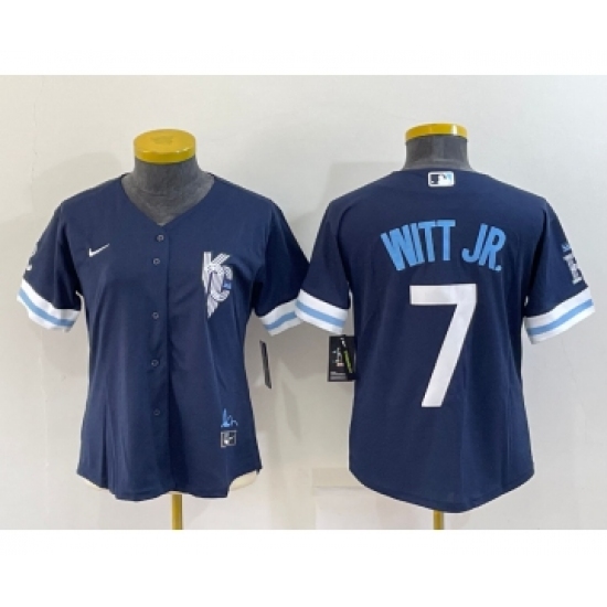 Women's Kansas City Royals 7 Bobby Witt Jr 2022 Navy Blue City Connect Cool Base Stitched Jersey