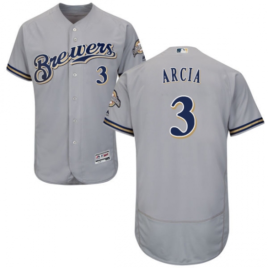 Men's Majestic Milwaukee Brewers 3 Orlando Arcia Grey Flexbase Authentic Collection MLB Jersey