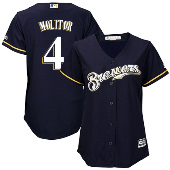 Women's Majestic Milwaukee Brewers 4 Paul Molitor Authentic Navy Blue Alternate Cool Base MLB Jersey